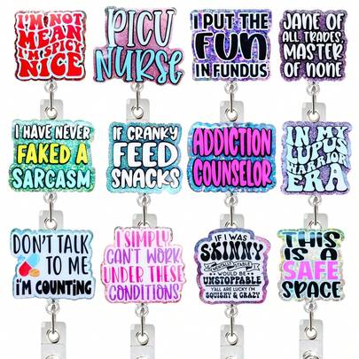 1 قطعة بكرة شارة بكلمات إنجليزية مضحكة، حامل شارة قابل للسحب من الأكريليك مع مشبك تمساح متحرك للطبيب والطالب والمساعد الطبي وزملاء العمل هدايا