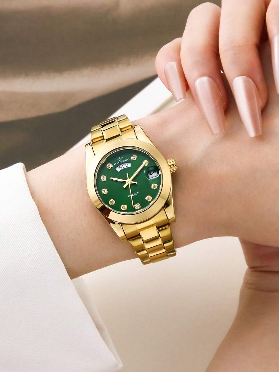 RICECGO 1件女士奢华金色不锈钢石英表，时尚简约优雅设计，商务女士腕表，适合日常佩戴，生日、母亲节、情人节礼物 - 金色 - 查看 1