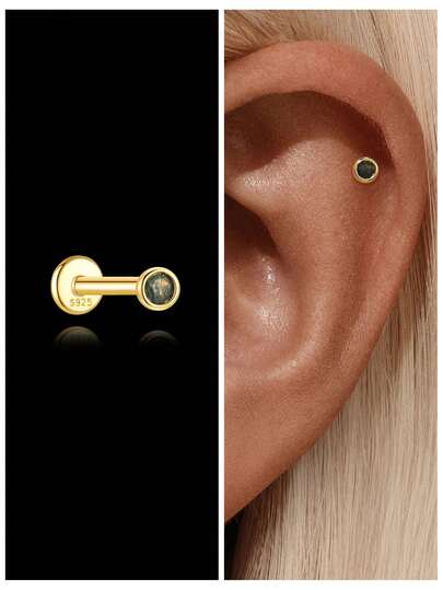 1件装925纯银玛瑙耳环，女士耳骨钉、耳廓钉、耳软骨钉、鼻钉，平底设计，适合日常佩戴、婚礼订婚等场合，精美珠宝。