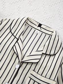 Set de 3 piezas de pijama de mujer con estampado de rayas y de cachorro, de tela arrugada y con efecto de burbujas - Beis - Ver 3