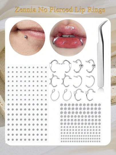 时尚粘贴式假唇钉套装 - 无需穿孔的唇环眉钉面部穿孔饰品