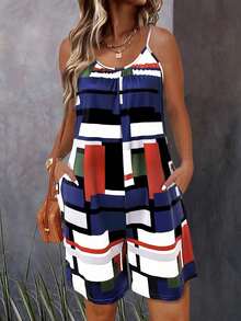 Women's All-Over Print Sleeveless Jumpsuit - Round Neck Spaghetti Strap Jumpsuit, Vacation Beach Outfit, Flowy Summer Short Jumpsuit, Casual Summer Suspender Jumpsuit - Multicolor - View 1