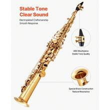 Straight Soprano Saxophone, B Flat, Brass Saxophone Beginner Kit With Carrying Case, Mouthpiece, Cleaning Cloth Rod, Gloves, Neck Strap, 23 Keys Soprano Sax Kit, For Beginners Students, Gold - Kèn saxophone soprano thẳng - Xem 3