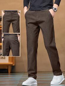 Men's Casual Elastic Waist Solid Color Side Pocket Pants, Suitable For Daily Wear - Coffee Brown - View 1