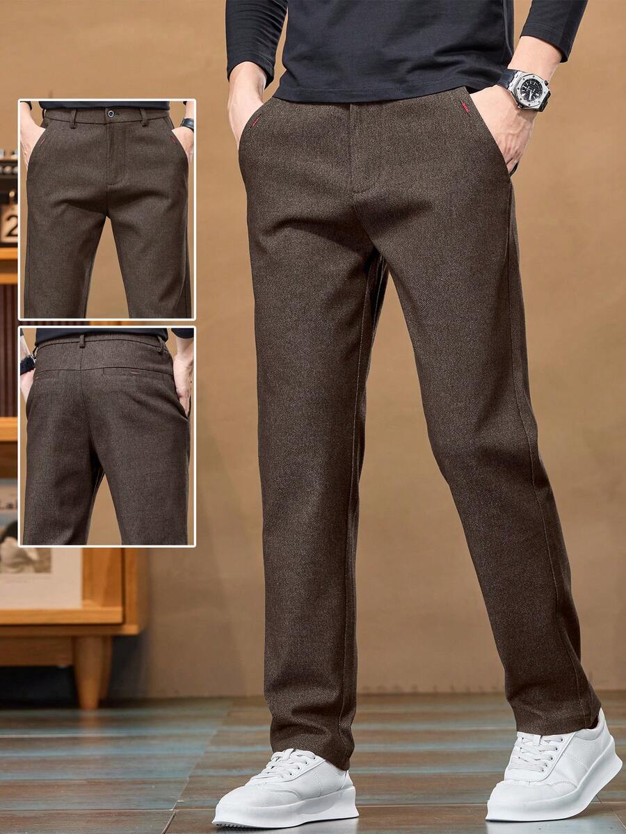 Men's Casual Elastic Waist Solid Color Side Pocket Pants, Suitable For Daily Wear - Coffee Brown - View 1