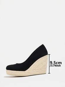 Women's Platform Wedge Shoes, Black Faux Suede Round Toe Woven Wedge Slip-On Pumps - Black - View 4