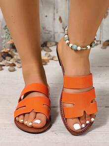 Ximi Ruo Wide Fit Rhinestone Embellished Comfortable Slippers, Korean Casual Flat Sandals For Women, Open Toe Slides For Spring, Summer, Beach, Casual Wear - Orange - View 6