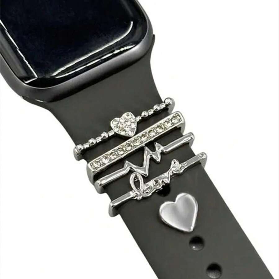 5pcs Rhinestone Watch Strap Rings, Nail Studs, Cute Metal Watch Strap Charm Decorations Compatible With Watchb YH6U Series - Silver - View 1