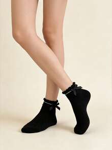 4双春夏薄款休闲蝴蝶结透气简约短袜，随机发货，休闲校园时尚礼品 - 彩色 - 查看 3