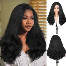 22英寸女士蕾丝分缝波浪卷发合成假发，无胶无缝全头卷发耐热合成编织假发，适合日常佩戴，黑色 - 黑色 - 查看 1