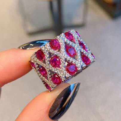 Vintage Wide Band Fully Paved Cubic Zirconia Platinum Plated Fashion Wedding Ring, Gift For Women