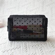Heart-Shaped Mesh Zipper Pouch, Transparent Cosmetic Bag, Travel Skincare Storage Organizer - Black - View 4