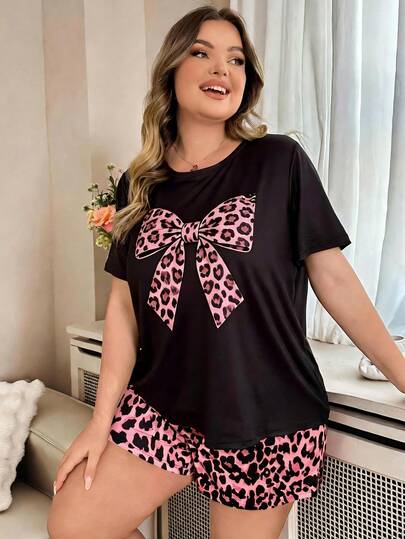 Conjunto de pijama para mujer talla grande, diseño de lazo con estampado de leopardo rosa, pantalón corto de manga corta, cómodo y casual, adecuado para el verano