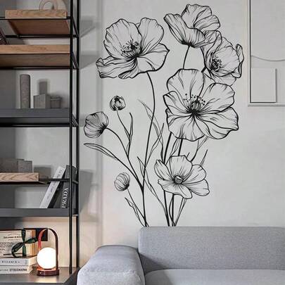 Bộ 2 miếng dán tường họa tiết hoa sen tối giản màu đen cỡ lớn, có thể tháo rời, thích hợp cho phòng ngủ, phòng khách, lối vào.