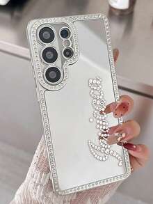 Personalized Customized Name Luxurious Rhinestone Makeup Mirror Phone Case Compatible With Samsung Galaxy S26 S25 S24 S23 Ultra Plus Anti Fall Shockproof Lens Protective Back Cover - Silver - View 3