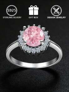 S925 Sterling Silver Ring With Pink Cubic Zirconia, Sunflower Design, Adjustable Size, Suitable For Daily Wear/Great Gift Choice, Comes With Gift Box - Silver - View 4