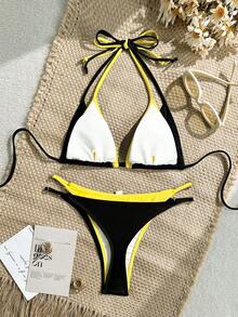 LUCKY HOLIDAY Sexy Summer Beach Leopard Print Triangle Bikini Set With Tie Strings And Metal Chain Decor Vacation - Black and Yellow - View 5