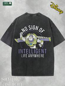 Disney Retro Washed T-Shirt Double-Sided Printing (230 Pure Cotton T-Shirt) "BUZZ LIGHT" EST. 1995, TOY STORY Pattern Printing, Men's T-Shirt, Men's Casual, Comfortable, Fashionable T-Shirt, Street Style Versatile T-Shirt Cotton Suitable For Various Occasions - 黑色 - 查看 3