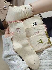 5双装女士波点蝴蝶结荷叶边加厚中筒袜，适合秋冬季穿着 - 彩色 - 查看 1