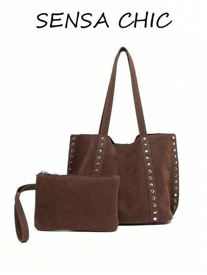 这款大容量二合一手提包专为女性设计。采用麂皮面料，搭配时尚铆钉，尽显独特风格。优雅的麂皮设计，既可作为手提包，也可作为日常包使用。适合约会、日常使用、购物、海滩度假等各种场合，与女士秋季服饰完美搭配。
