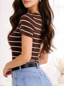 Women's Basic Ribbed Cotton Striped Blouse - Rust Brown - View 2