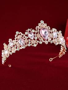 1pc Rose Gold Crystal Crown Bridal Hair Accessory, Birthday/Photo Shoot Headpiece - Pink - View 3
