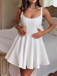2026 Hot Selling Solid Color Casual Elegant Backless Bow Mini Dress, Suitable For Valentine's Day, Wedding, White Dress, Summer Dress, Party Dress, Summer Holiday Outfits, Vacation Outfits For Women. - 白色 - 查看 8