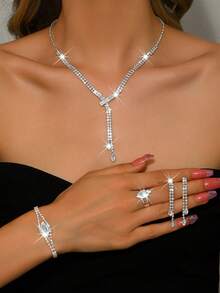 4 piezas Conjunto de joyas doradas, Collar en Y, Aretes de gota, Pulsera y Anillo, Estilo impactante, Accesorio para vestido de fiesta, Atuendo para citas, Regalo de cumpleaños - Plateado - Ver 2