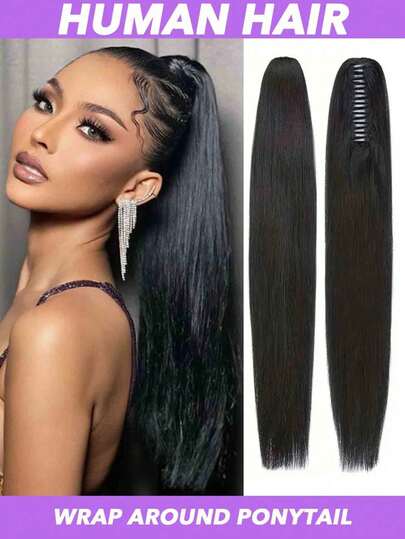 真人长直马尾假发，自然黑色，真人发爪夹式，完美贴合女性，易于使用和保养，方便佩戴，可轻松使用加热工具造型，舒适耐用，适合日常或特殊场合。马尾假发，爪夹式马尾假发，抽绳式马尾假发，8-28英寸，自然色(#1B)