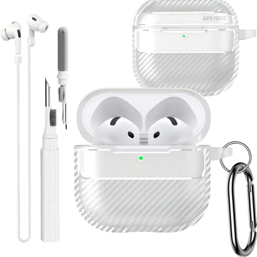 适用于 4 的保护壳，带钥匙扣，可爱碳纤维保护套，兼容带主动降噪功能的 4，男女通用 - 白色 - 查看 1