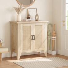 Versatile Boho-Style Sideboard – Rattan Storage Unit With Doors And Shelves – Ideal For Living Room, Kitchen, Hallway – Natural Oak Finish, Bohemian Style - Wood Grain Color 76*80*40 - View 9
