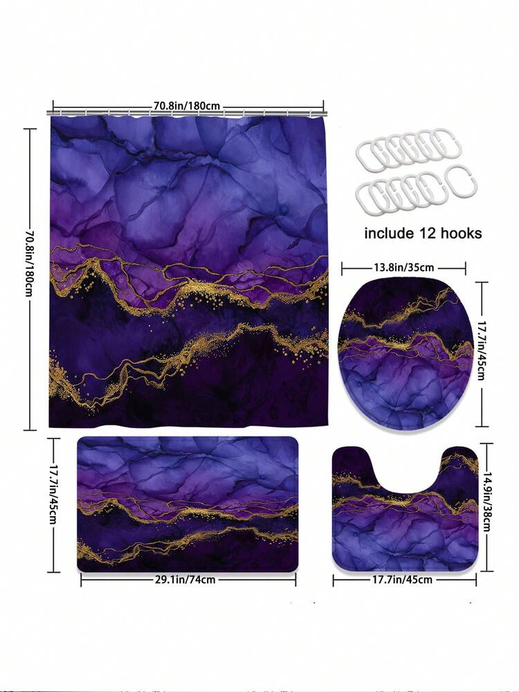 四件套轻奢烫金紫蓝墨大理石纹浴室套装，配有防水耐磨绑带和12个挂钩，包含浴帘/马桶盖/浴垫/地毯。涤纶面料可水洗且防霉，适合轻奢/艺术/高端家居装饰，也是送给男友的礼物，以及男士浴室的必备配件。 - 高級大理石紋路 - 查看 3