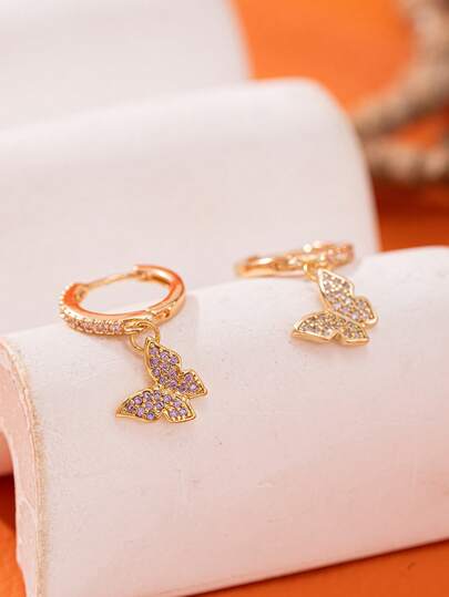 一对奢华水钻蝴蝶吊坠耳环，优雅日常佩戴耳环，圣诞节、母亲节、情人节、周年纪念日的理想礼物（注：由于光线和拍摄角度的原因，实际产品与图片可能存在轻微色差）