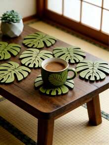 4pcs Monstera Leaf Wooden Coasters, Tropical Plant Shaped Heat-Resistant Non-Slip Drink Mats, Anti-Scald Tabletop Protection Pads, Suitable For Cups And Plates, Ideal Thanksgiving Christmas Home Tabletop Decor Gift - Multicolor - View 2