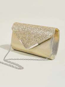 4件套女士时尚百搭优雅亮片手拿包、链条单肩包、派对包、奢华水晶项链、耳环、手链首饰套装 - 金色 - 查看 2