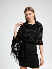 1pc Black Elegant Velvet Fashion Versatile Unique Charming Long Tassel Shawl Scarf, Suitable For Evening Party - Black - View 6