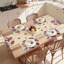 1条花卉图案桌旗，复古风格，适合日常家居厨房装饰。1条桌旗，4个餐垫，1个靠垫套，桌旗和餐垫套装。多种产品组合可选，适用于家居装饰、室内/室外派对用品、房间装饰。 - 彩色 - 查看 4