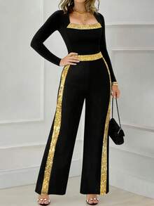 Women's Fashionable, Elegant, Versatile Contrast Color Long Sleeve Jumpsuit For Daily Wear - Black - View 3