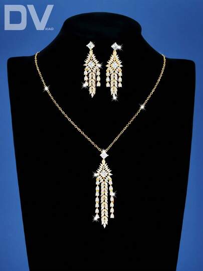 DV JEWELRY 3pcs Set Cubic Zirconia Plated White Gold & 18K Gold Luxury Necklace, Bracelet, Earrings, Open Ring Jewelry Set, Elegant Jewelry Gift For Women, Party, Anniversary