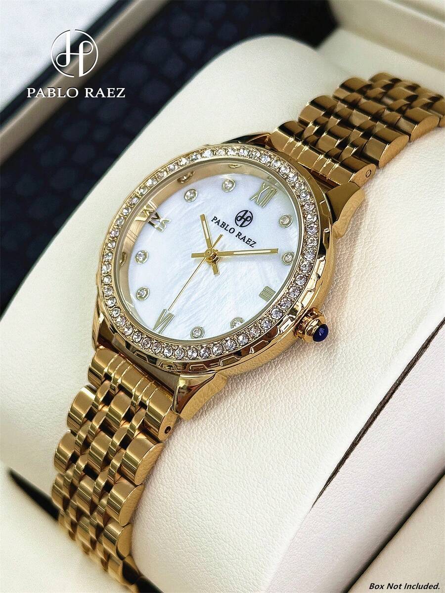 Pablo Raez 1件 18K金女士手錶 奢華迷人不鏽鋼女錶 優雅新款設計師石英錶 鑲鑽金銀磨砂色 時尚白色錶盤 鑽石顯示 高品質 AAA 女孩熱門手錶 50M防水 重金屬鋼鍊手鍊飾品扣帶 Logo 休閒青少年可愛時鐘 適合日常生活/工作/派對裝飾 精緻禮物送給女孩朋友或家人 畢業婚禮生日禮物