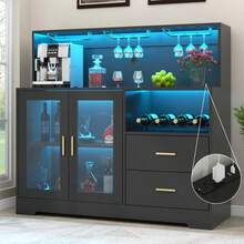 Mueble para bar de vinos con luz LED, clóset de café con estante para vino y soporte para vidrio, aparador de cocina con estante de almacenamiento, clóset de licor no empotrado para sala de estar, comedor,negro,blanco,gabinete de Licor para Sala de Estar - Negro - Ver 1