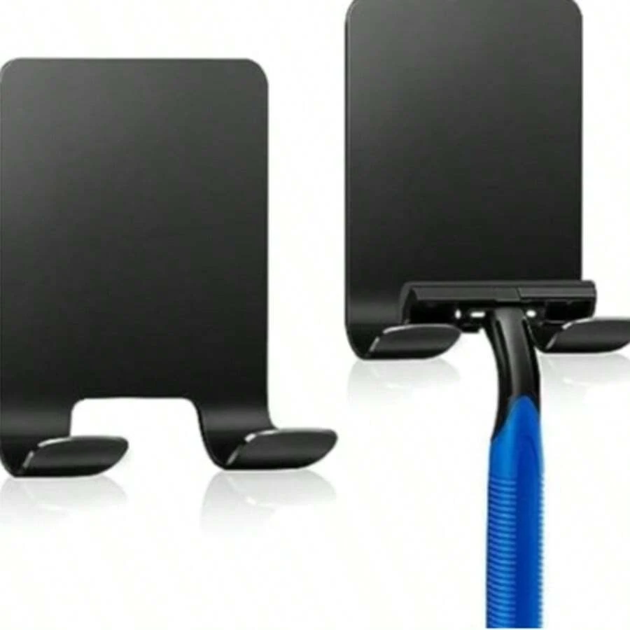 2 Shower Razor Holder Hooks Without Drilling, Black - A - View 1