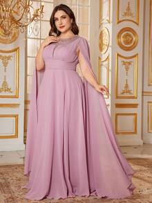 SUPGIR Plus 女士优雅V领超长袖亮片拼接雪纺仙气修身气质长款舞会晚礼服 - 粉色 - 查看 1