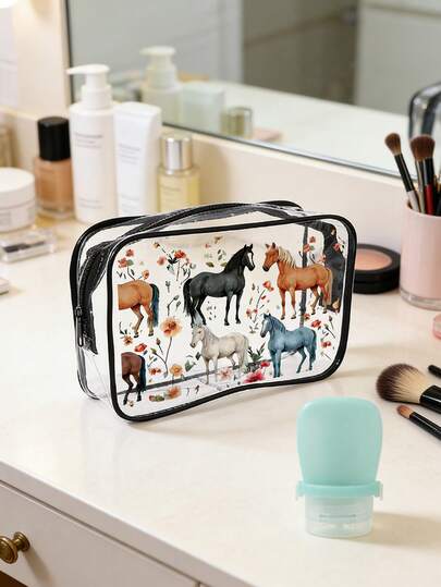 一款精美的马图案化妆包，配有旅行包装挤压瓶，大容量PVC材质，拉链封口——高品质旅行洗漱用品收纳包，最佳旅行组合套装，轻便易携，适合女性和女孩，可作为节日礼物送给朋友或闺蜜——便携易清洁的化妆收纳包 | 母亲节、情人节、复活节的最佳礼物