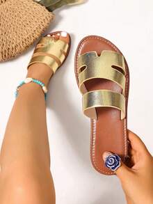 Ximi Ruo Wide Fit Rhinestone Embellished Comfortable Slippers, Korean Casual Flat Sandals For Women, Open Toe Slides For Spring, Summer, Beach, Casual Wear - Gold - View 6