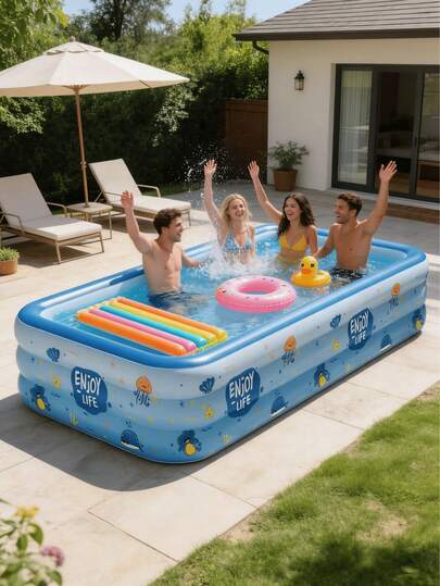 1个充气方形多层游泳池，耐用PVC材质，可折叠便携，适合家庭水上娱乐、庭院泳池派对、户外水上休闲活动，PVC充气泳池