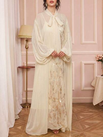 Women's Ribbon Collar, Tie Collar, Soft Long Sleeve Dress With Suspender, 2-Piece Set, Elaborate Applique Decoration, Beaded Sleeves, Pearl Decor, Elegant Long Sleeve Dress, Suitable For Multiple Occasions