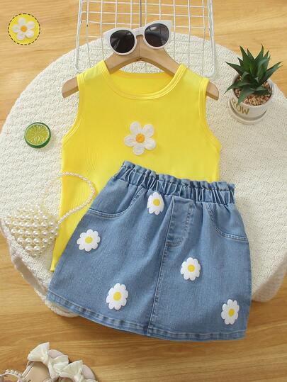 2pcs/Set Summer Girls Outfit, Fashionable New Style Cute Yellow Round Neck Sleeveless Top And Blue Floral Print Denim Skirt Set