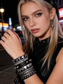 Xiacheng 1/5 件装朋克手链，摇滚风 emo 手链，嘻哈铆钉手链，哥特手链，朋克铆钉手链，另类摇滚手链，朋克手链，男女通用 - 黑色 - 查看 2