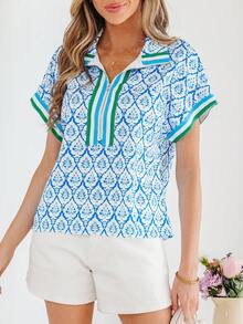 Áo sơ mi nữ họa tiết hoa, cài khuy nửa thân, phối sọc tương phản, vai rớt. - Màu xanh lam - Xem 6